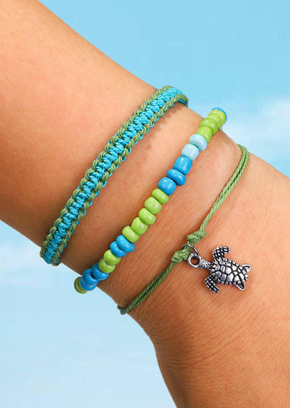 

Bracelet 3Pcs Dolphin Turtle Starfish Colorful Beading Braided Bracelet Set in Pink. Size