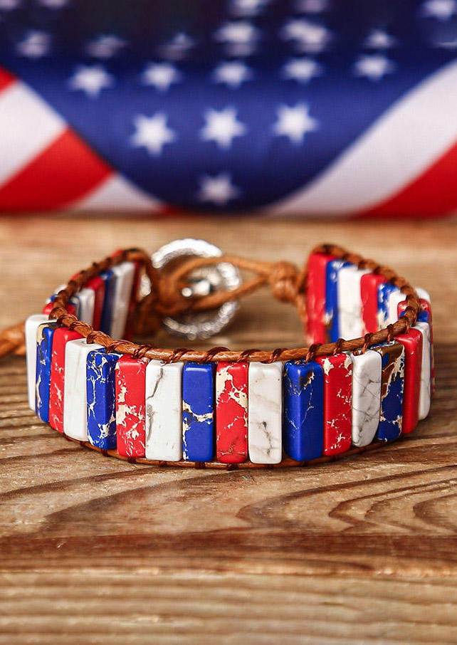 

Bracelet American Flag Colorful Stone Adjustable Braided Bracelet in Multicolor. Size