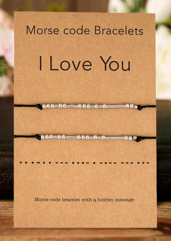 

Bracelet 2Pcs I Love You Beading Morse Code Adjustable Rope Bracelet Set in Silver. Size