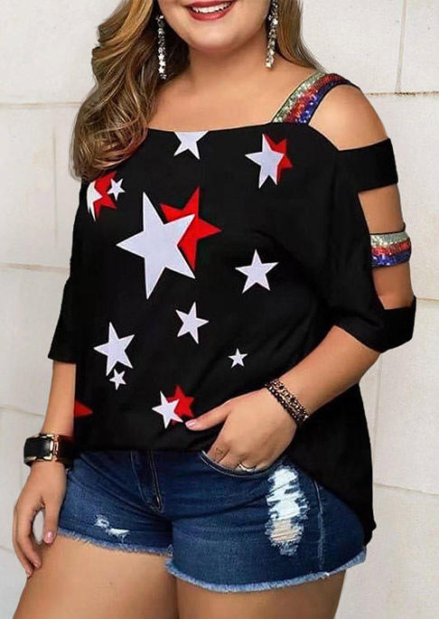 

Plus Size Tops Plus Size Star Hollow Out Cold Shoulder Blouse in Black. Size: ,XL