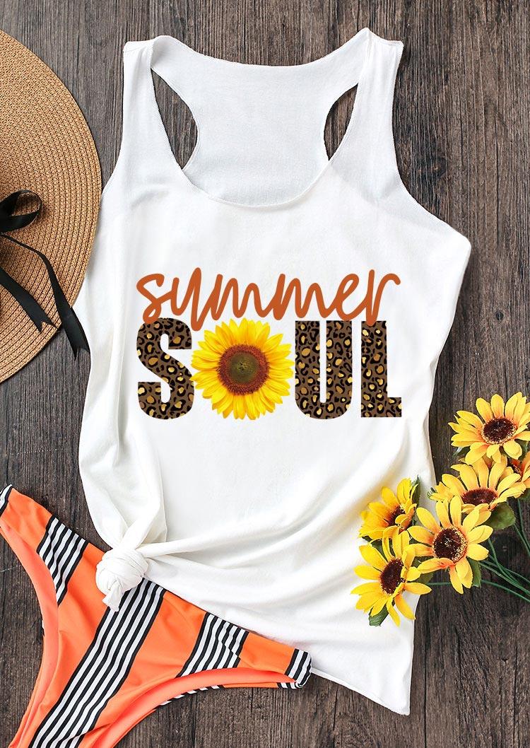 

Tank Tops Summer Soul Sunflower Leopard Racerback Tank Top in White. Size