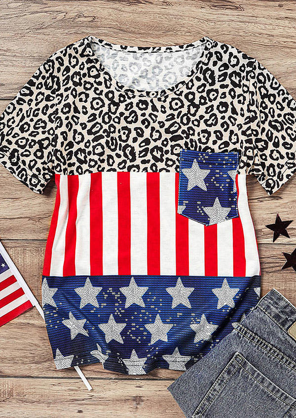 

Blouses Leopard American Flag Star Striped Pocket Blouse in Multicolor. Size: ,L