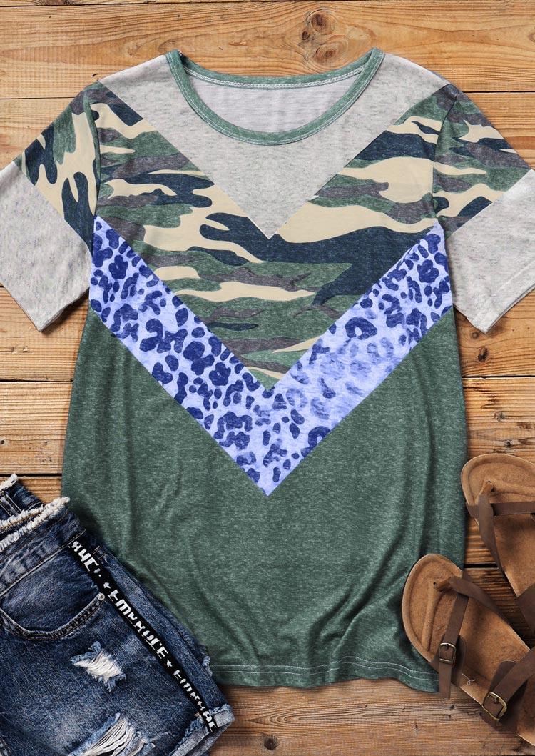 

Blouses Camouflage Leopard Color Block O-Neck Blouse in Multicolor. Size: ,M