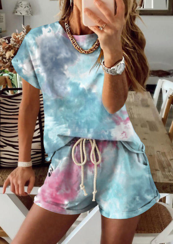 

Tie Dye Blouse And Elastic Waist Drawstring Shorts Two-Piece Set, Multicolor, 506038