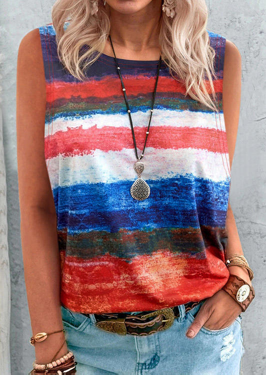 

Tank Tops Tie Dye Striped O-Neck Tank Top in Multicolor. Size: ,M,L,XL