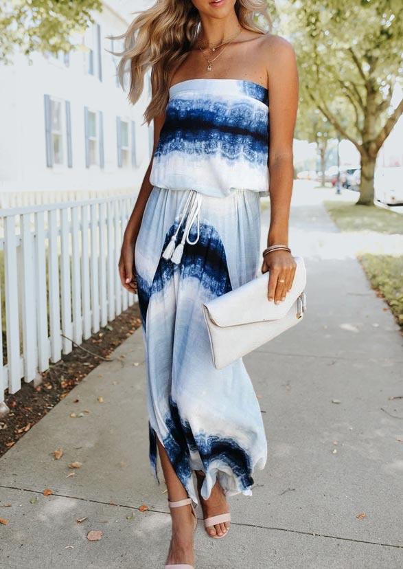 

Maxi Dresses Tie Dye Tassel Slit Ruffled Open Back Strapless Maxi Dress in Multicolor. Size: ,L