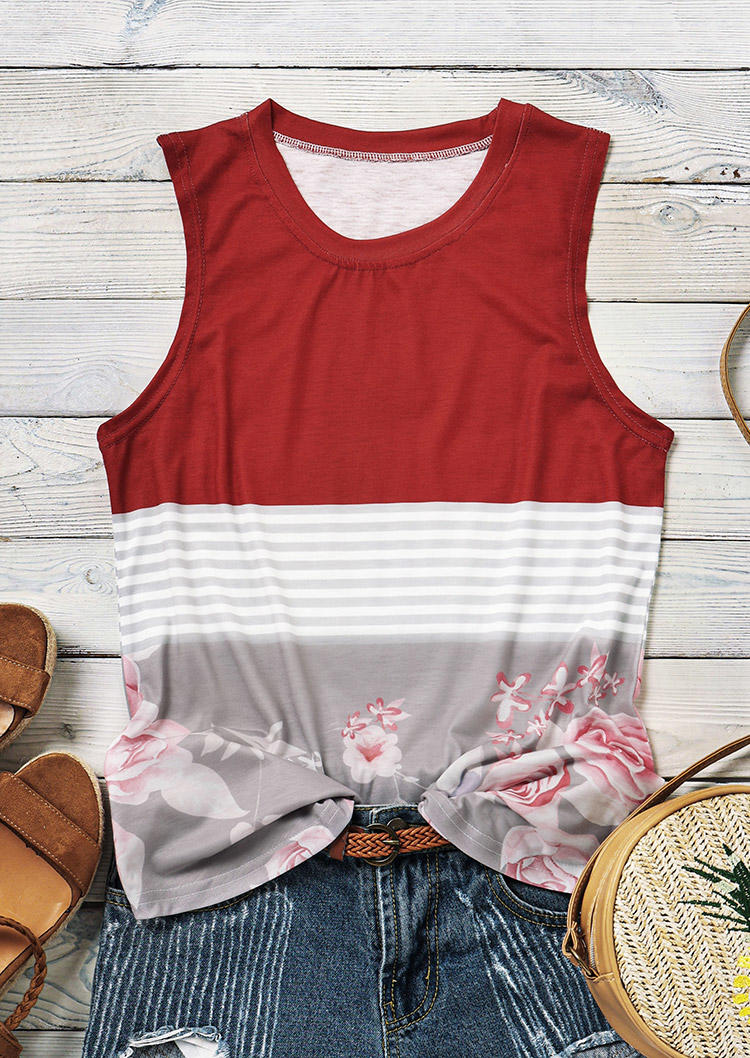 

Tank Tops Striped Floral Color Block Casual Tank Top in Multicolor. Size: ,M