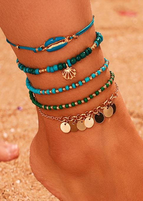 

Body Jewelry 4Pcs Bohemia Shell Beaded Alloy Anklet Set in Blue. Size