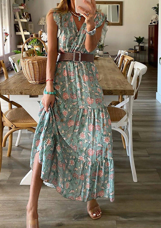 

Maxi Dresses Floral Ruffled Zipper V-Neck Maxi Dress in Multicolor. Size: ,M,L,XL