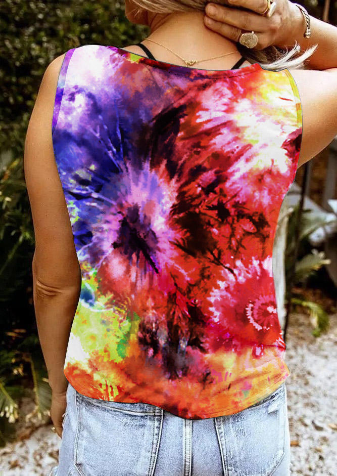 Tank Tops Tie Dye Hole Notched Neck Casual Tank Top in Multicolor. Size: S,M,L