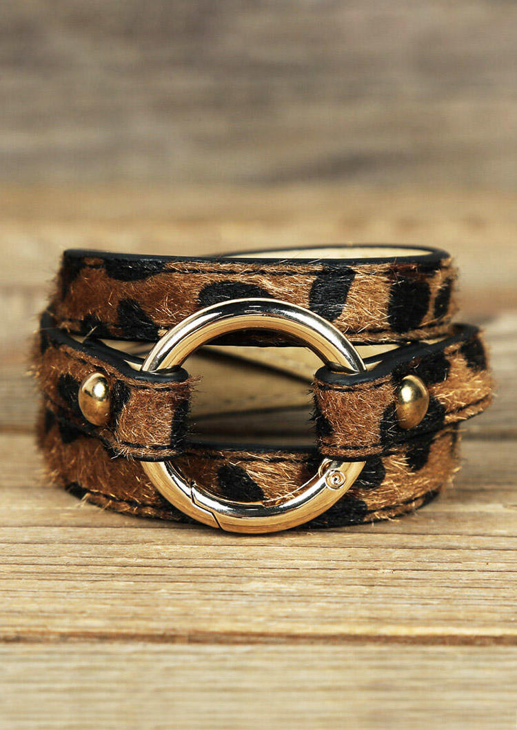 Bracelet Leopard Printed Adjustable Wide Leather Bracelet in Light Brown. Size: One Size