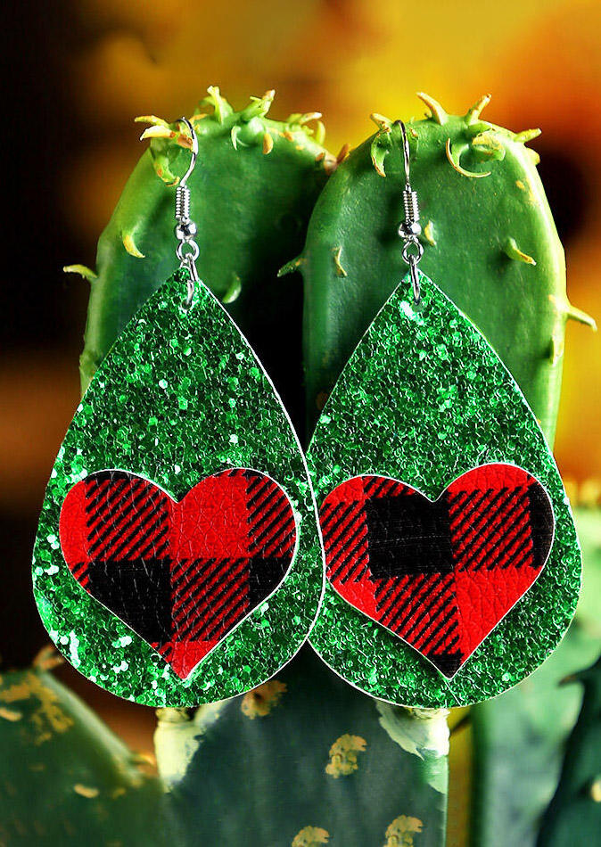 

Earrings Plaid Striped Love Heart PU Leather Earrings in Green. Size