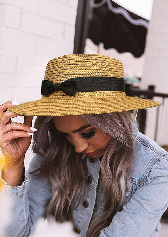 

Hats Summer Bowknot Wide Brim Sun Protection Straw Hat in Light Khaki,Khaki. Size