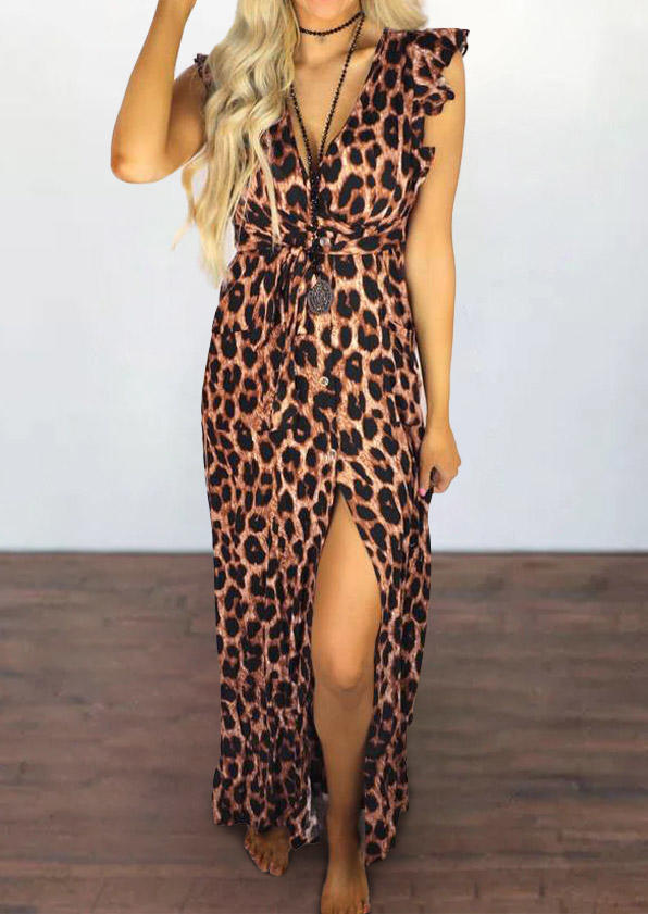 

Maxi Dresses Leopard Pocket Button Slit Maxi Dress in Leopard. Size: ,M,L