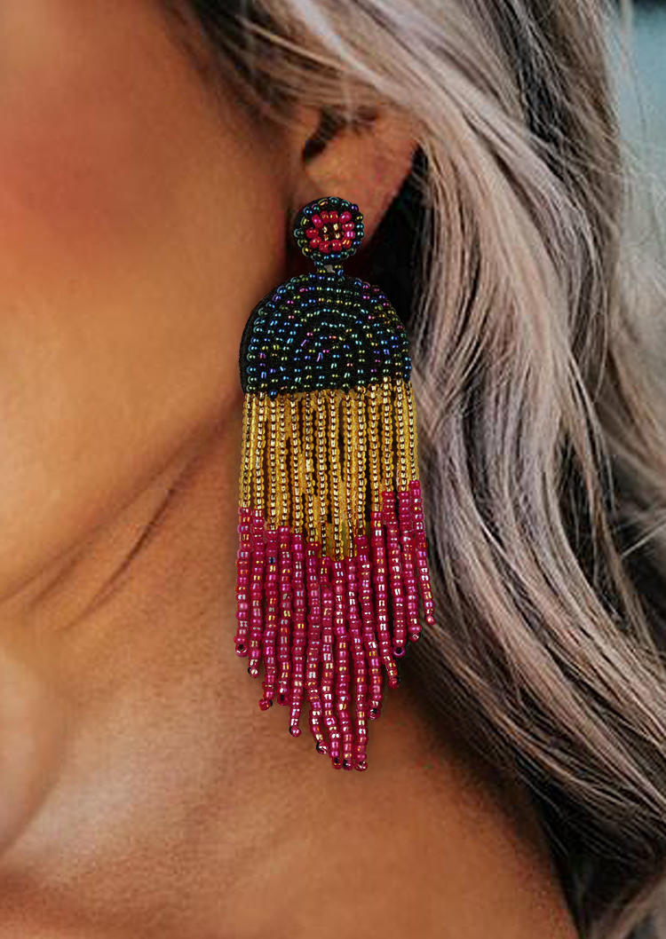 

Earrings Bohemian Color Block Beading Tassel Earrings in Red. Size