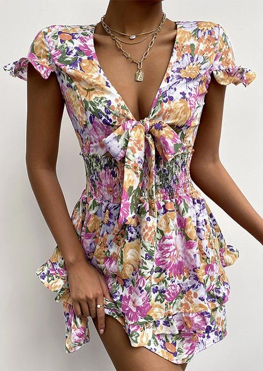 

Mini Dresses Floral Ruffled Bowknot Tie Mini Dress in Multicolor. Size: ,M,L,XL