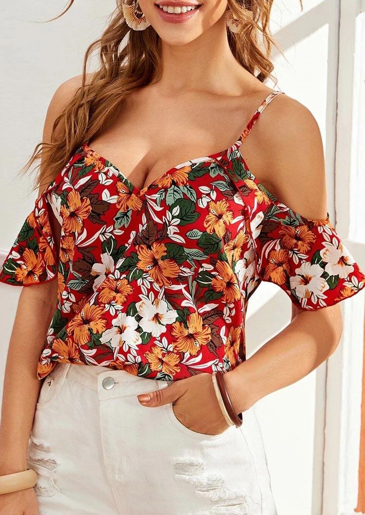 

Blouses Floral Cold Shoulder Open Back Adjustable Strap Blouse in Multicolor. Size