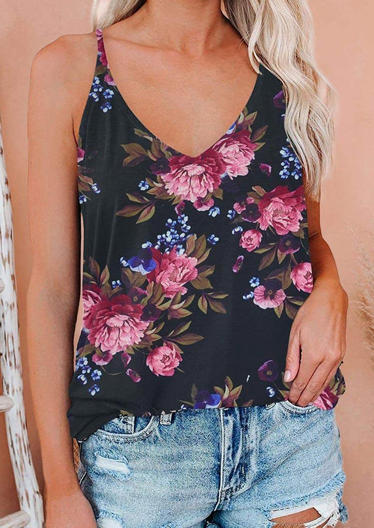 

Tank Tops Floral Open Back V-Neck Camisole in Multicolor. Size: ,M