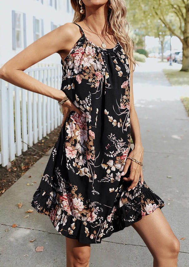 

Mini Dresses Floral Ruffled Spaghetti Strap Mini Dress in Black. Size