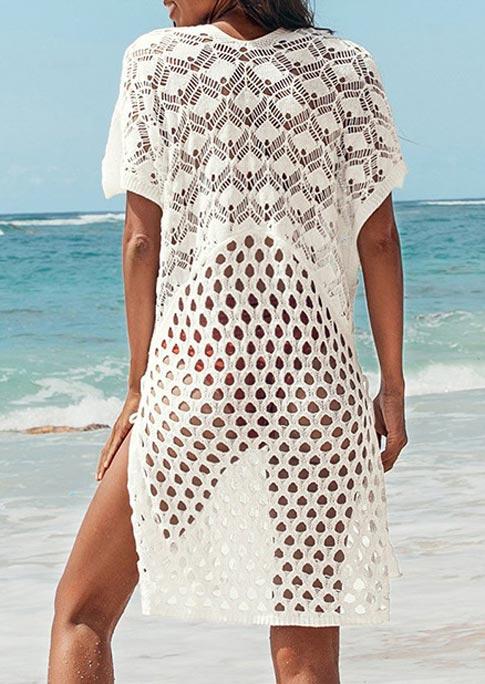 

Cover Ups Hollow Out Slit Tie Crochet Knitted Pullover Cover Up in White. Size