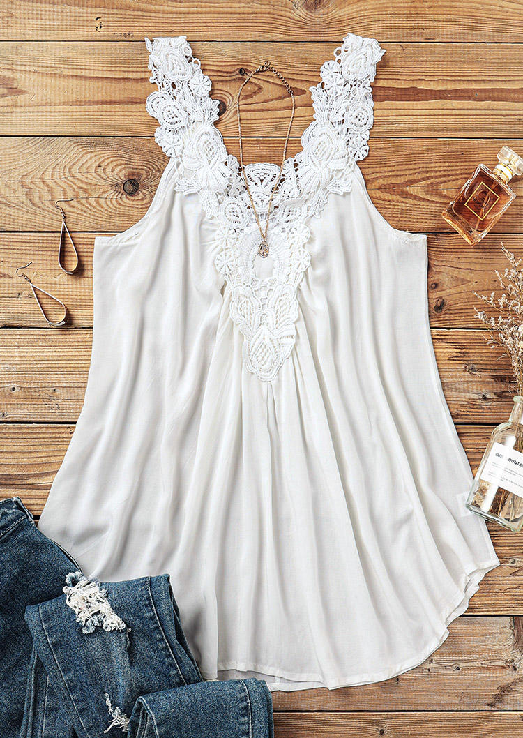 

Tank Tops Lace Splicing Hollow Out Tank Top in White. Size
