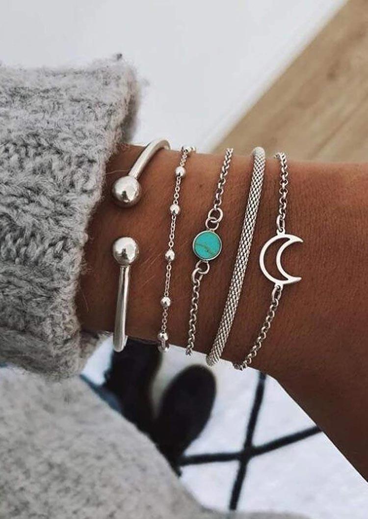 

Bracelet 5Pcs Moon Beading Turquoise Bracelet Set in Silver. Size