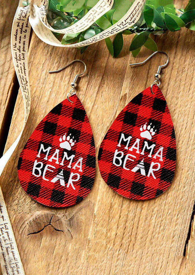 

Earrings Double-Sided Buffalo Plaid Mama Bear Paw Water Drop Earrings in Red. Size