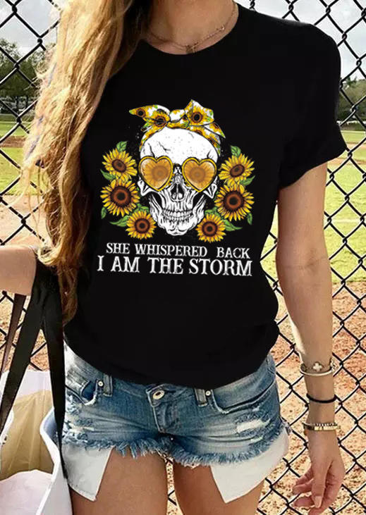 

T-shirts Tees Sunflower Skull Bowknot I Am The Storm T-Shirt Tee in Black. Size: ,M,L