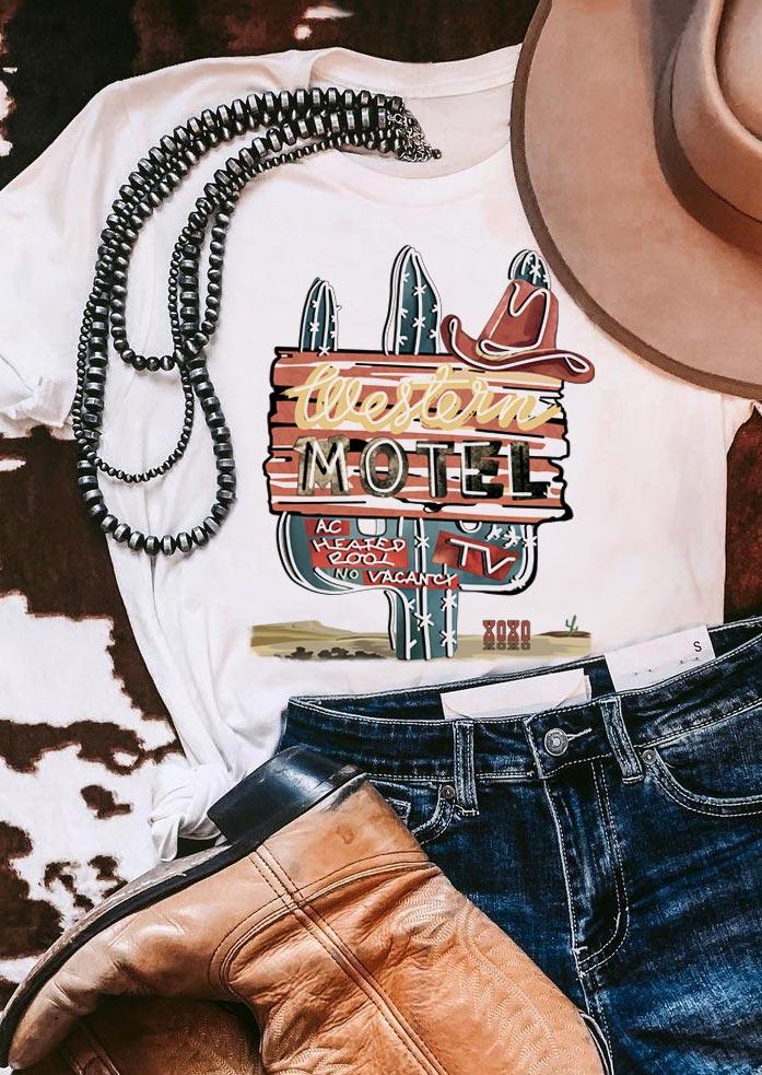 

T-shirts Tees Western Motel Cactus O-Neck T-Shirt Tee in White. Size