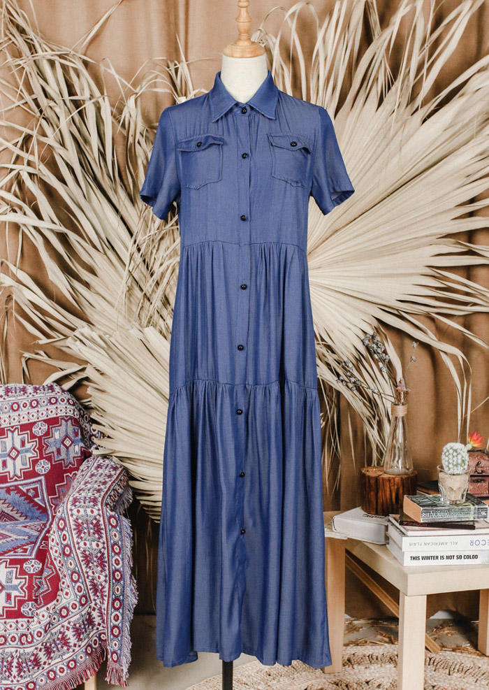 

Maxi Dresses Button Pocket Turn-down Collar Maxi Dress in Blue. Size: ,M,L,XL