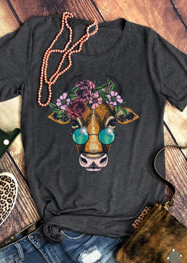 

T-shirts Tees Hippie Cow Floral O-Neck T-Shirt Tee in Dark Grey. Size: ,XL