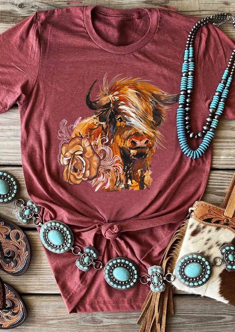 

T-shirts Tees Western Cow Floral T-Shirt Tee in Cameo Brown. Size