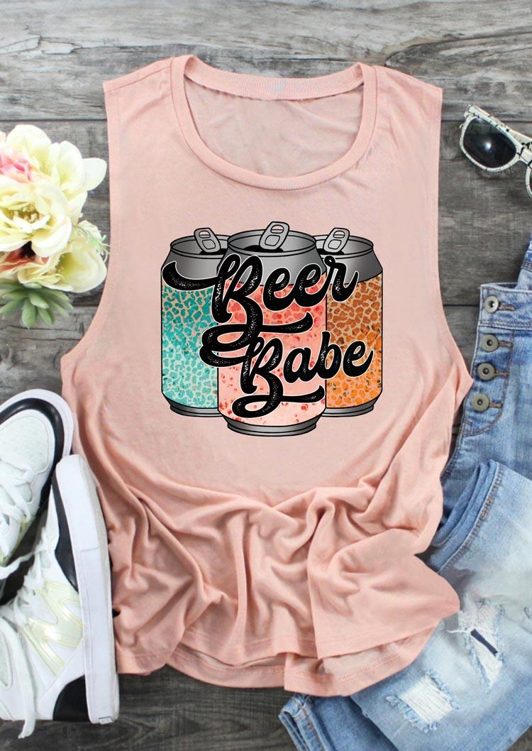 Tank Tops Beer Babe Leopard Can Casual Tank Top in Pink. Size: M,L,XL