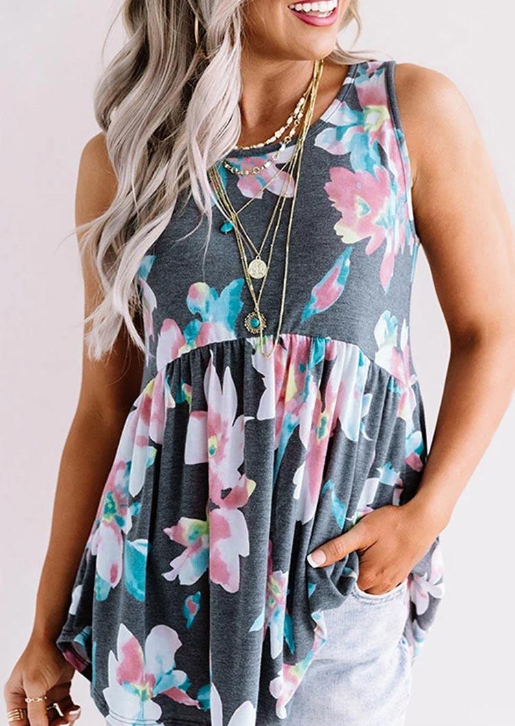 

Tank Tops Floral Ruffled Asymmetric Tank Top in Gray. Size