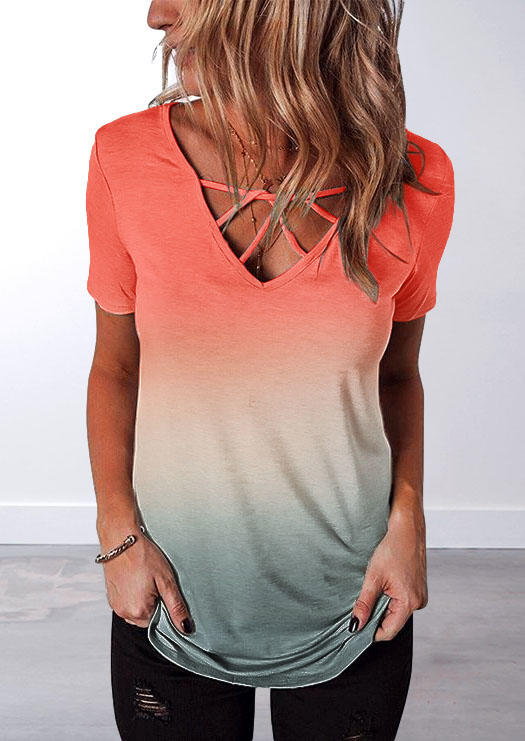 

Blouses Gradient Criss-Cross V-Neck Blouse in Watermelon Red. Size