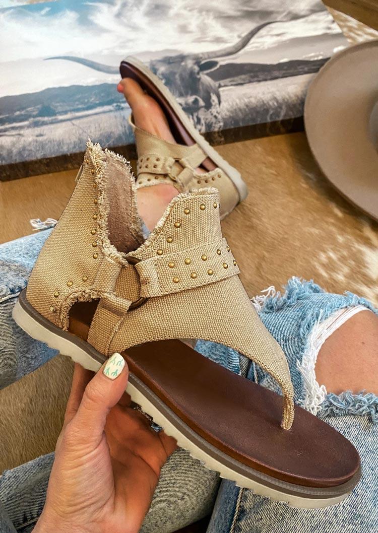 

Sandals Rivet Distressed Zipper Thong Flat Canvas Sandals in Apricot. Size