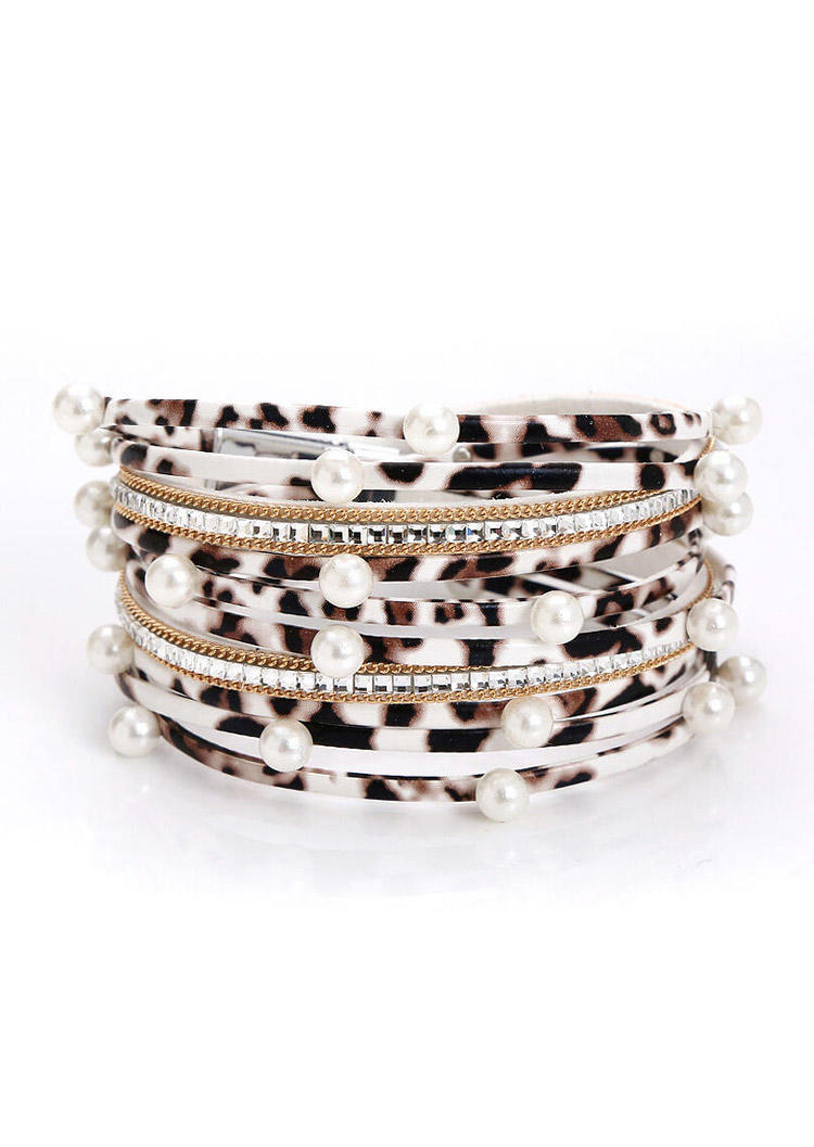 

Bracelet Leopard Printed Pearl Multi-Layered PU Leather Bracelet in White. Size