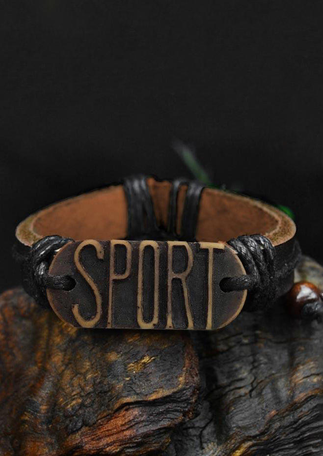 

Bracelet Vintage Letter Beading Leather Adjustable Bracelet in Black. Size