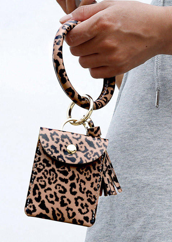 

Keychains Leopard Tassel Leather Bangle Keychain Card Holder in Coffee. Size