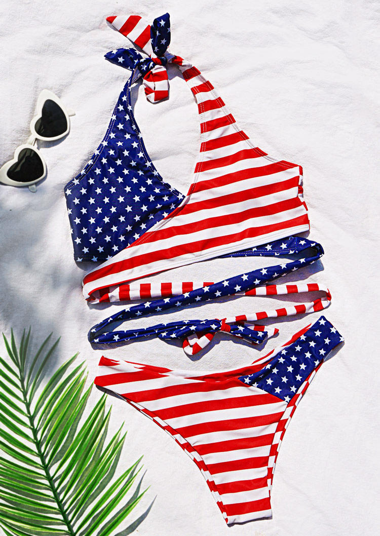 Bikini Sets American Flag Star Striped Halter Tie Bikini Set in Multicolor. Size: L,M,S