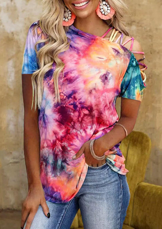 Blouses Tie Dye Criss-Cross One Sided Cold Shoulder Blouse in Multicolor. Size: L