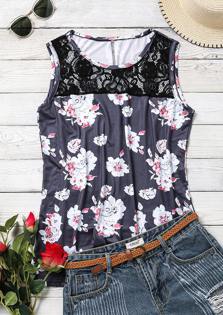 

Tank Tops Floral Hollow Out Lace Splicing Casual Tank Top in Dark Grey. Size: ,XL