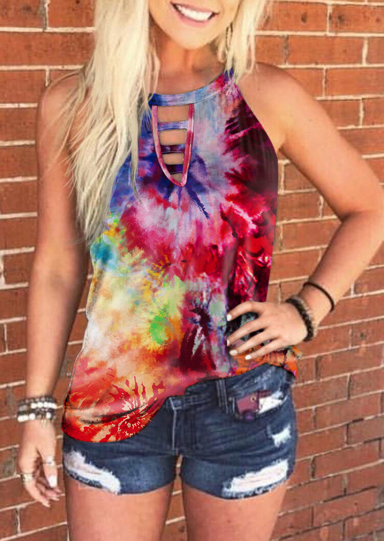 

Tank Tops Tie Dye Hollow Out Keyhole Neck Tank Top in Multicolor. Size