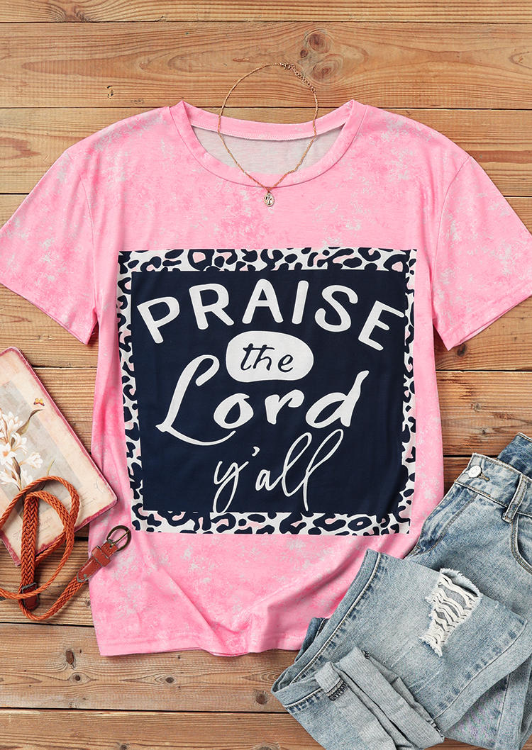 

T-shirts Tees Leopard Praise The Lord Y'all Bleached T-Shirt Tee in Pink. Size