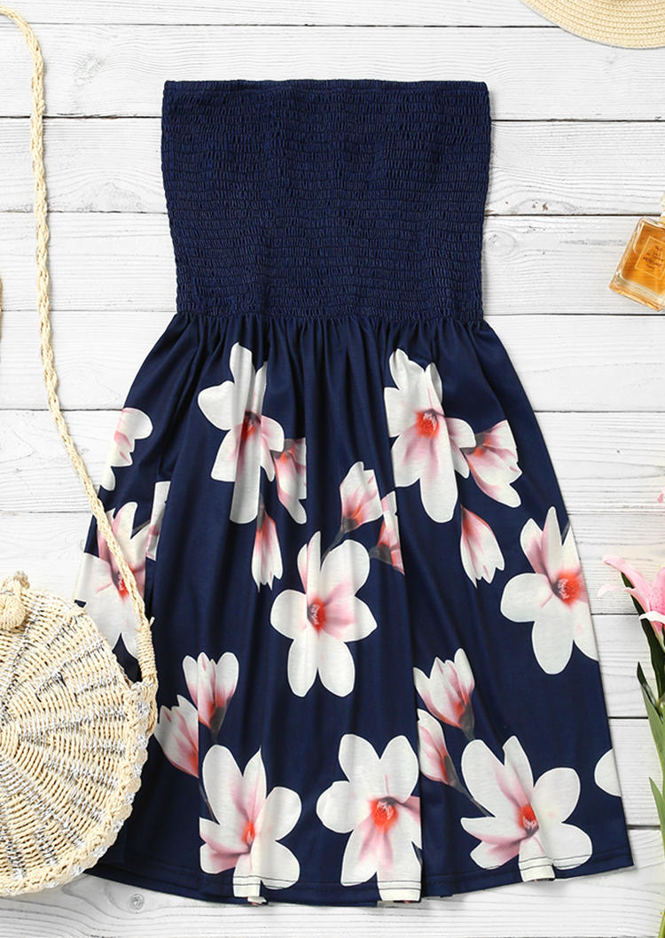 Floral Smocked Ruffled Strapless Mini Dress - Navy Blue