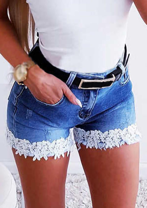 

Shorts Lace Splicing Pocket Zipper Denim Shorts in Blue. Size