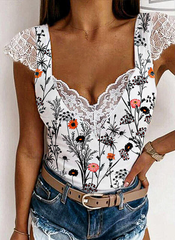 

Blouses Floral Lace Splicing Casual Blouse in Multicolor. Size: ,M,L,XL