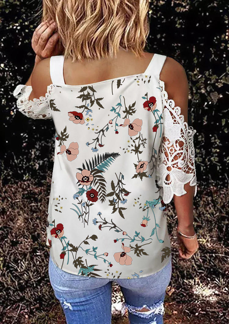 

Blouses Floral Leaf Lace Cold Shoulder Blouse in White. Size