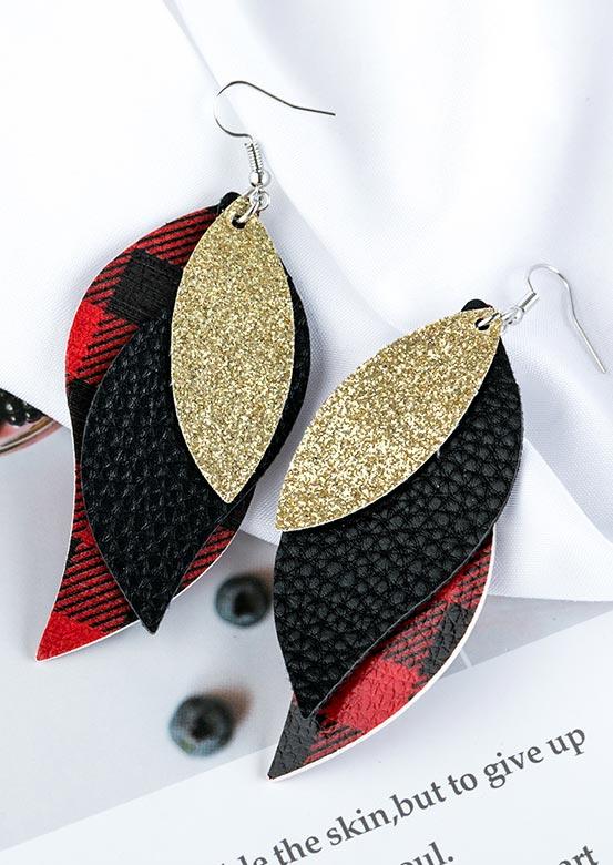 Plaid Sequined Leaf Multi-Layered Leather Earrings