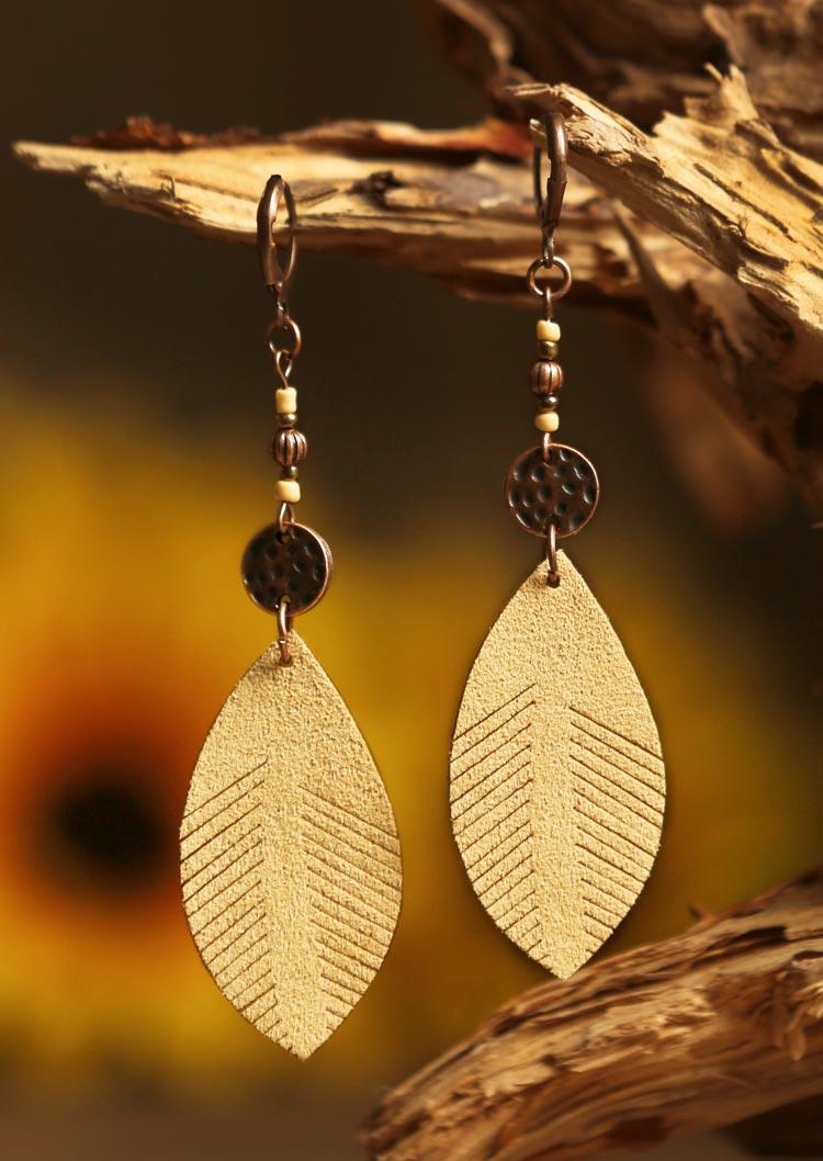 

Earrings Vintage Palm Leaf Beading Leather Earrings in Khaki. Size